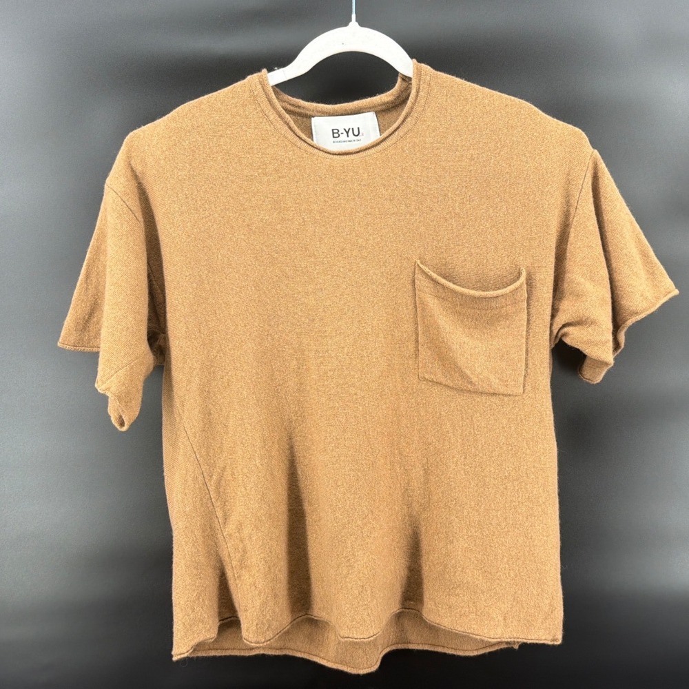 B.YU Made in Italy Cashmere Blend Knit Top Tan Short Sleeve Womens Size 1